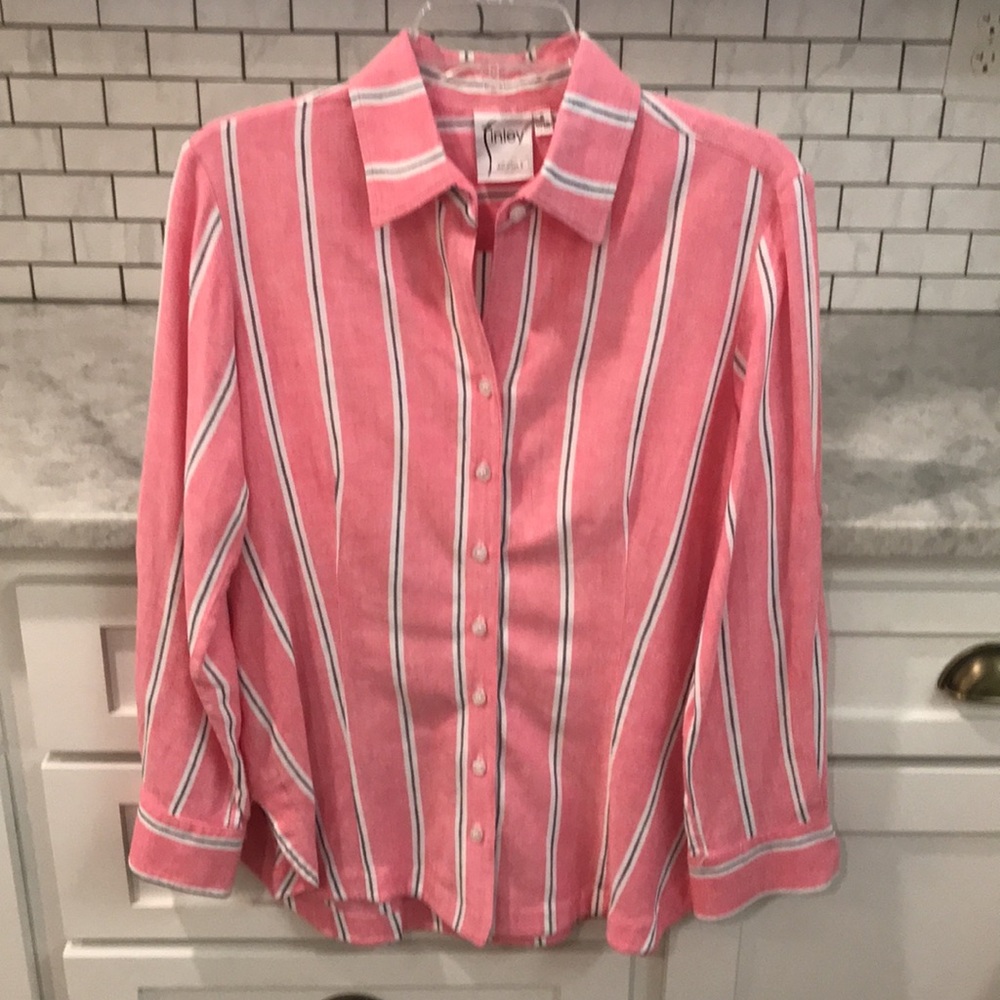 Finley‎ Linen Top Womens Small Pink Stripe Button Down Boyfriend Shirt Designer